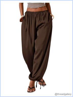 Silk Satin Wide Leg Harem Pants Elastic Waist Baggy Lounge Pants Women
